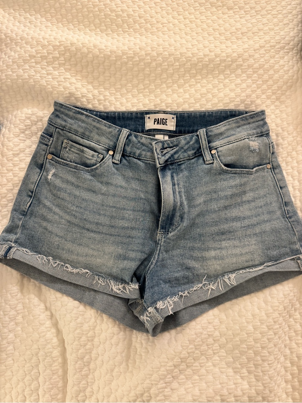 PAIGE Light Wash Distressed Denim Cutoff Shorts- Jimmy Jimmy shorts